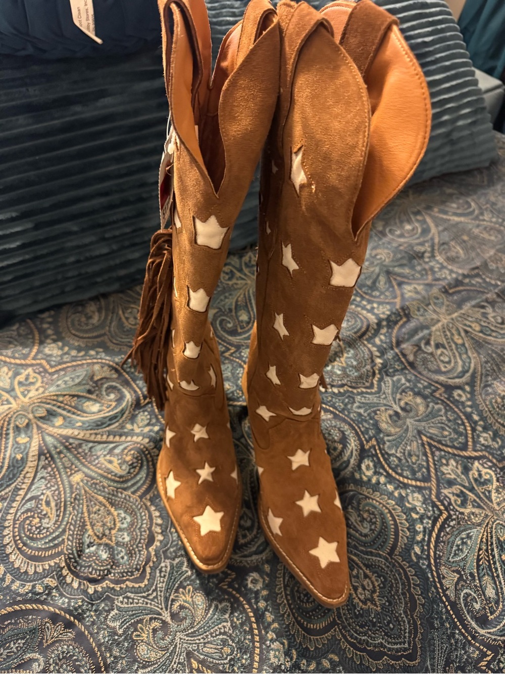 Women's Brown Suede Star Embellished Knee-High Boots men’s 7 womens 8